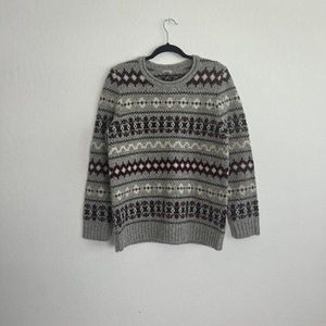 LL Bean Vintage 90s Classic Fair Isle Lamb's Wool Sweater Women Large Gray Cream